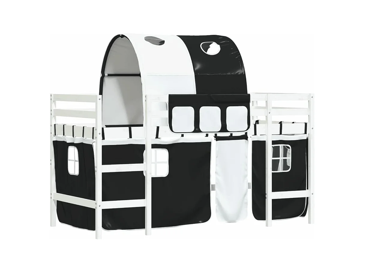 Cama alta niños con túnel madera pino blanco negro 80x200 cm
