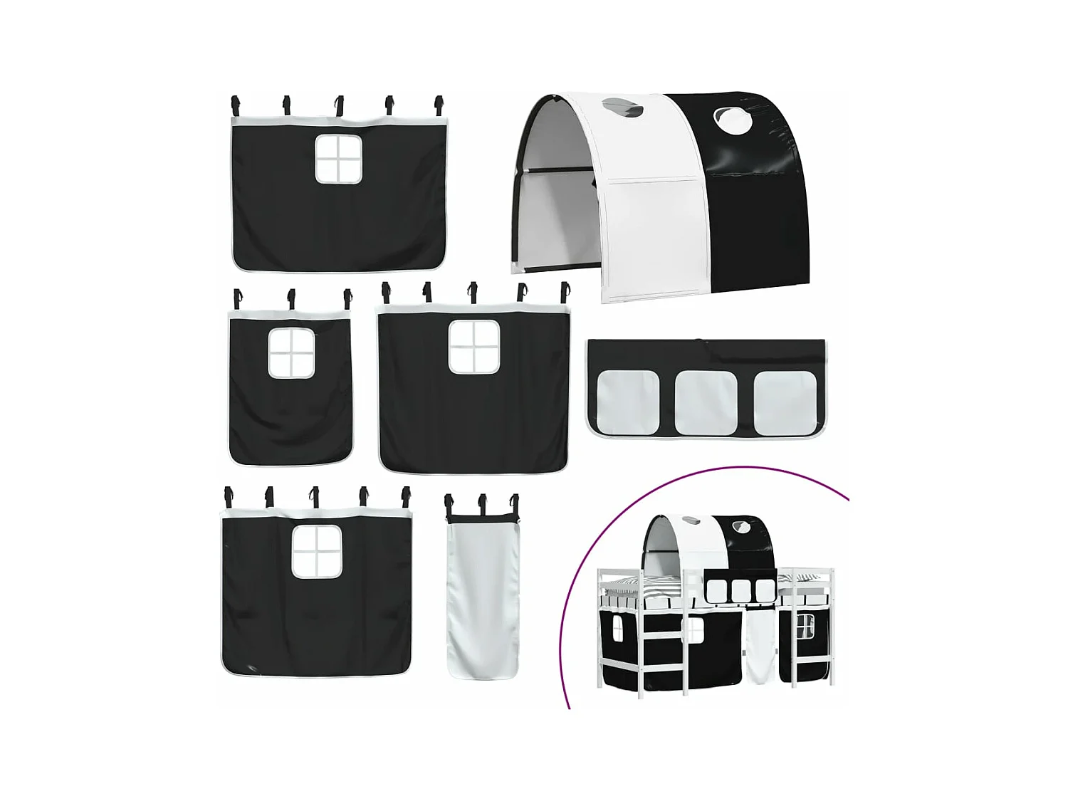 Cama alta niños con túnel madera pino blanco negro 80x200 cm