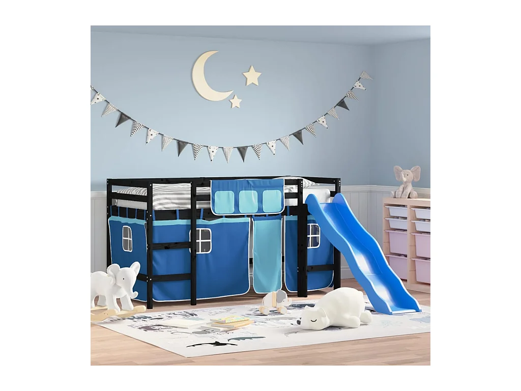 Lit mezzanine enfants et rideaux bleu 90x190cm bois pin massif
