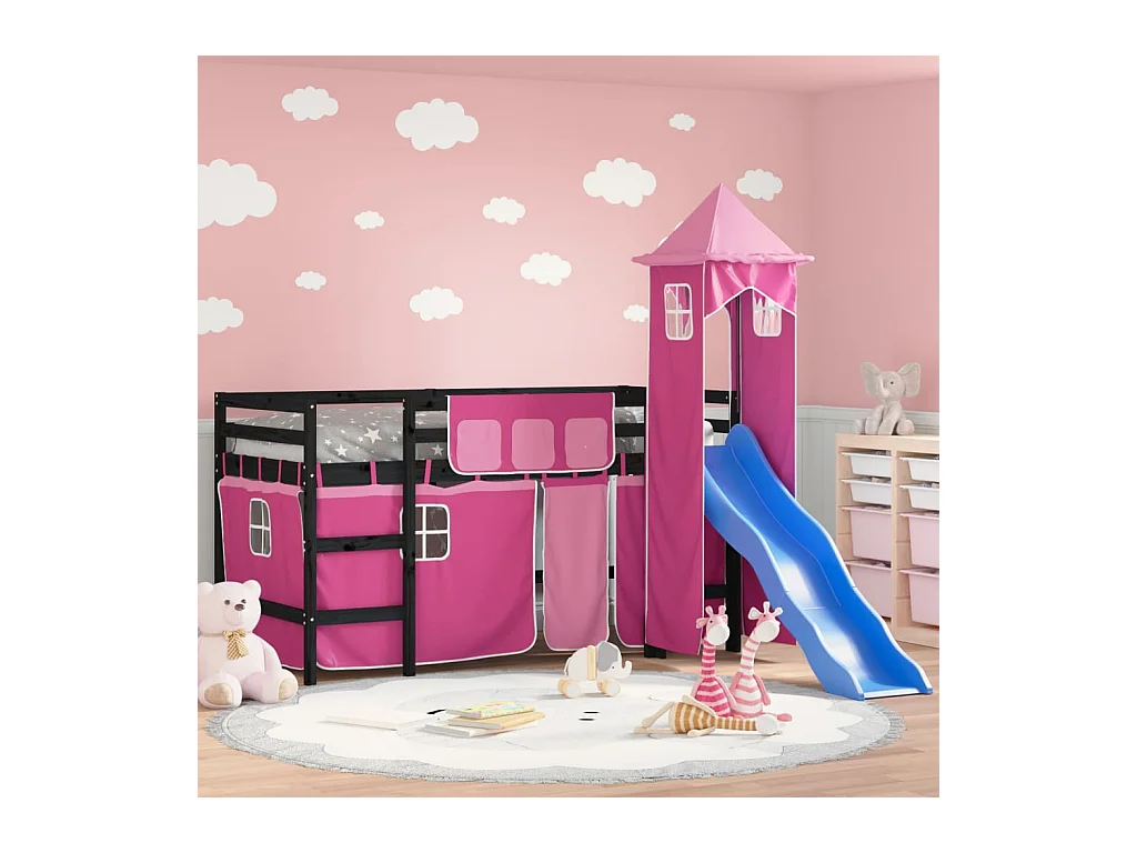 Lit mezzanine enfants avec tour rose 80x200cm bois pin massif