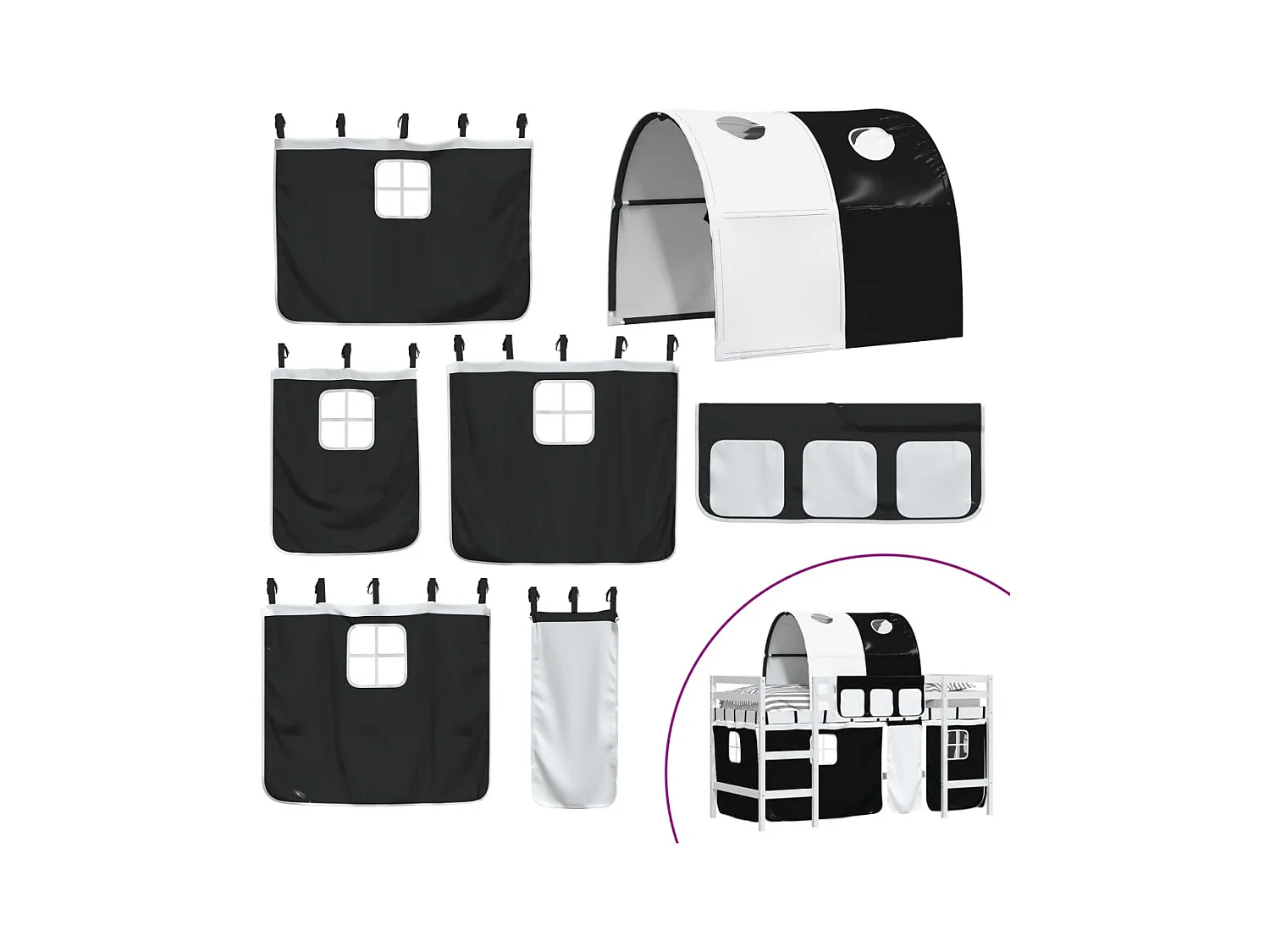 Lit mezzanine enfants et tunnel blanc/noir 90x200 cm pin massif