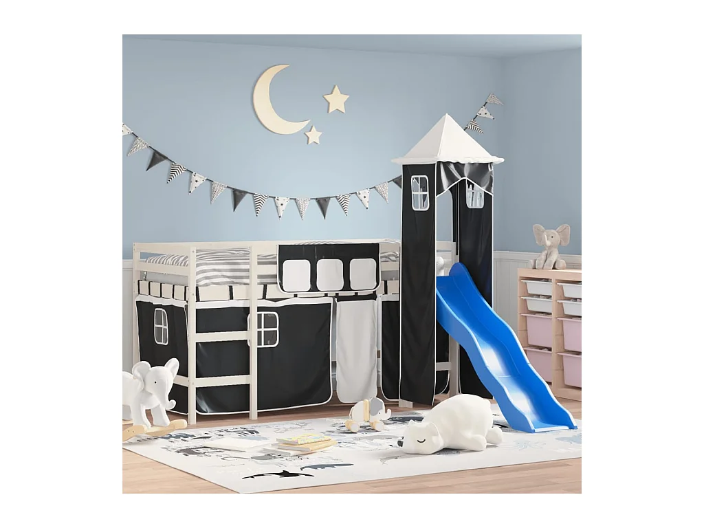 Lit mezzanine enfants avec tour blanc/noir 90x190 cm pin massif