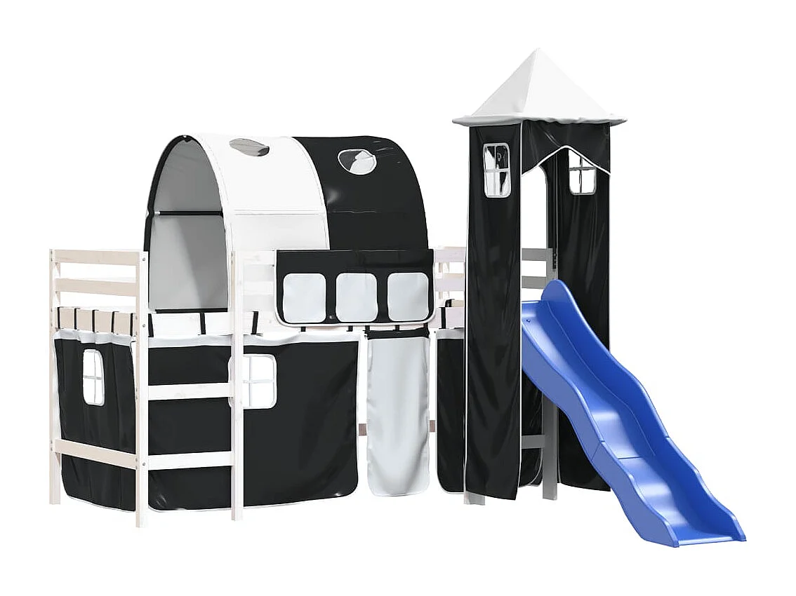 Lit mezzanine enfants avec tour blanc/noir 80x200cm pin massif
