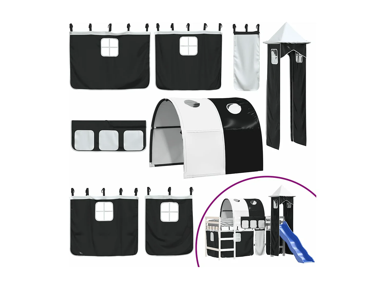 Lit mezzanine enfants avec tour blanc/noir 80x200cm pin massif