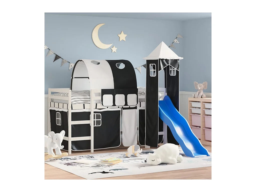 Lit mezzanine enfants avec tour blanc/noir 80x200cm pin massif