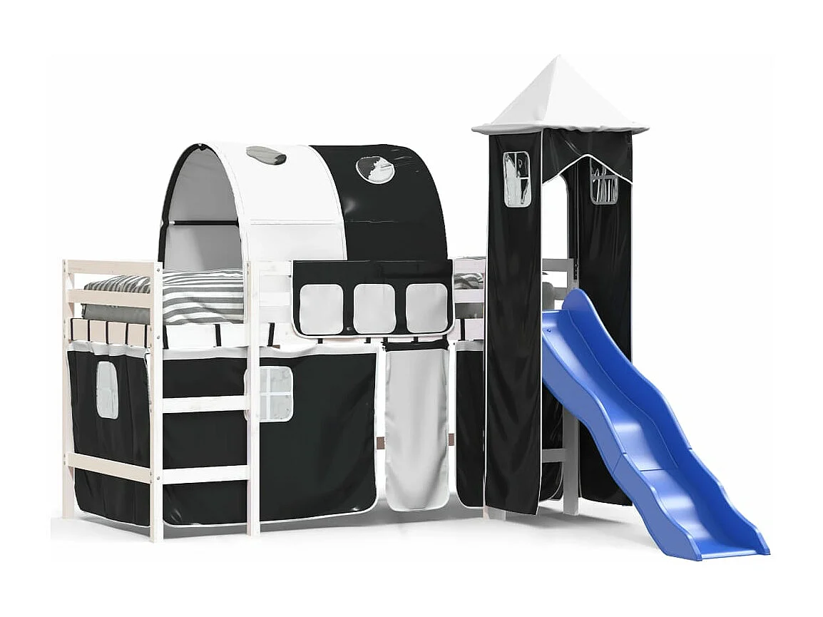 Cama alta niños con torre madera pino blanco negro 80x200 cm