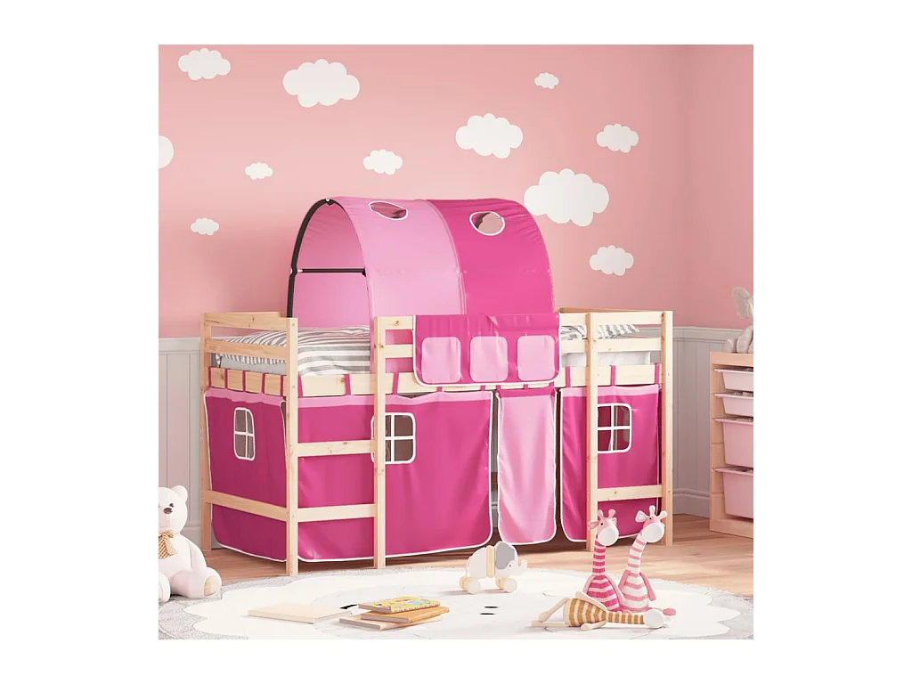 Lit mezzanine enfants avec tunnel rose 90x190cm bois pin massif