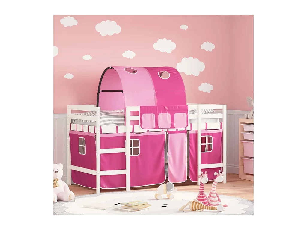 Lit mezzanine enfants et tunnel rose 90x190 cm bois pin massif