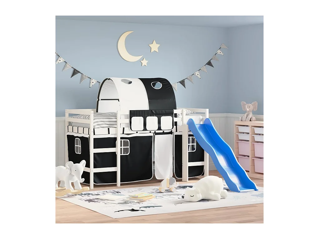 Lit mezzanine enfants et tunnel blanc/noir 90x190 cm pin massif