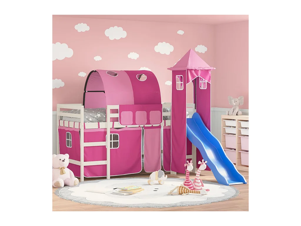 Lit mezzanine enfants avec tour rose 90x190 cm bois pin massif