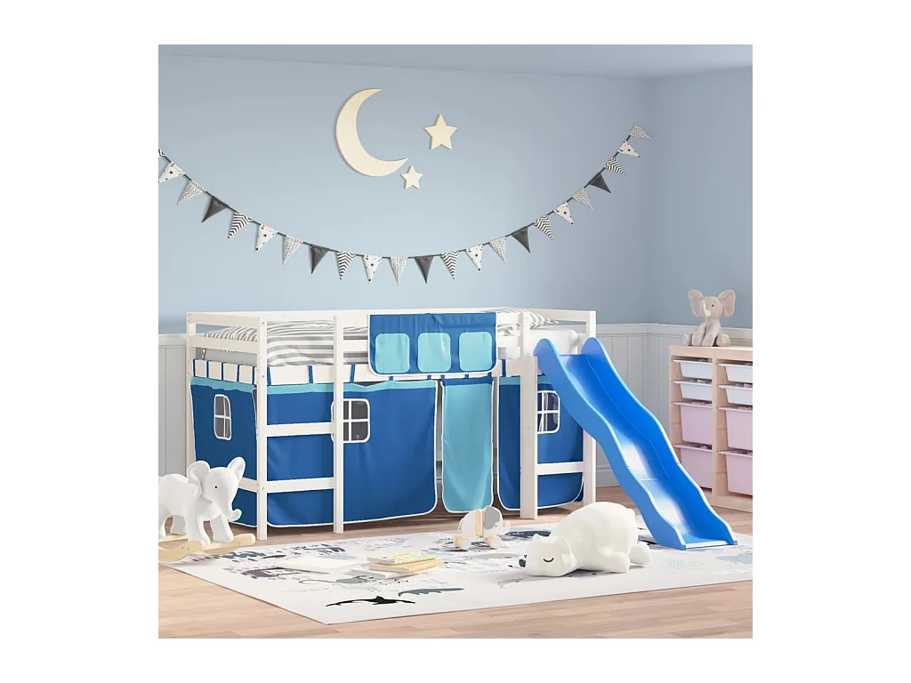 Lit mezzanine enfants et rideaux bleu 80x200cm bois pin massif