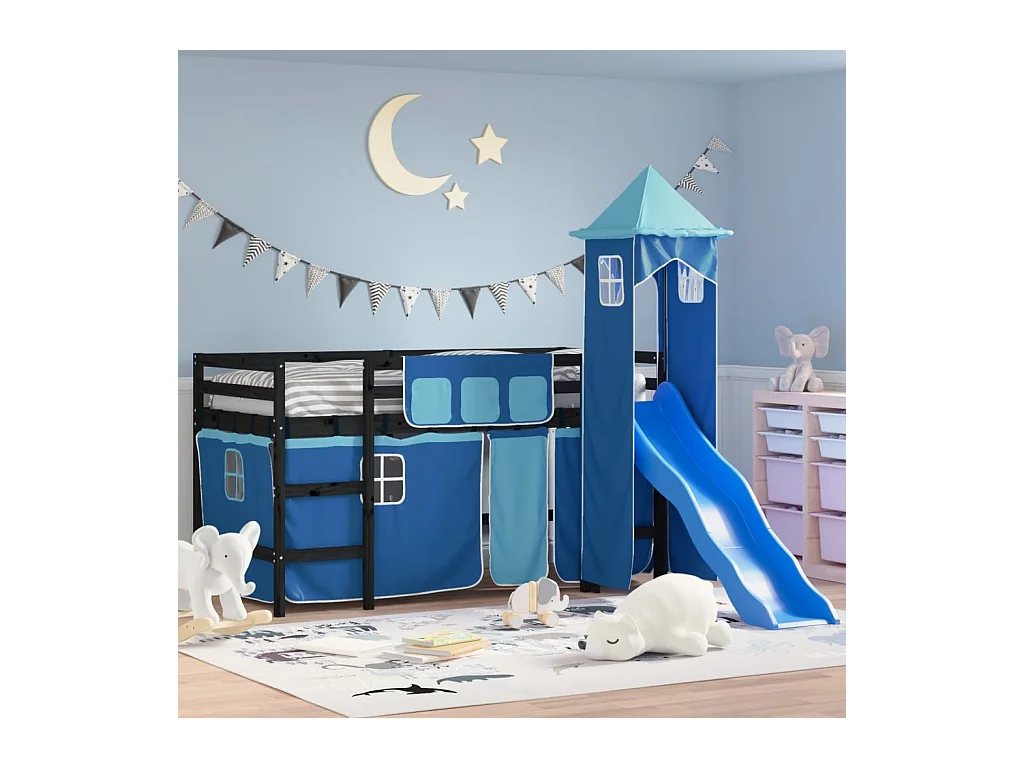 Lit mezzanine enfants avec tour bleu 90x190 cm bois pin massif
