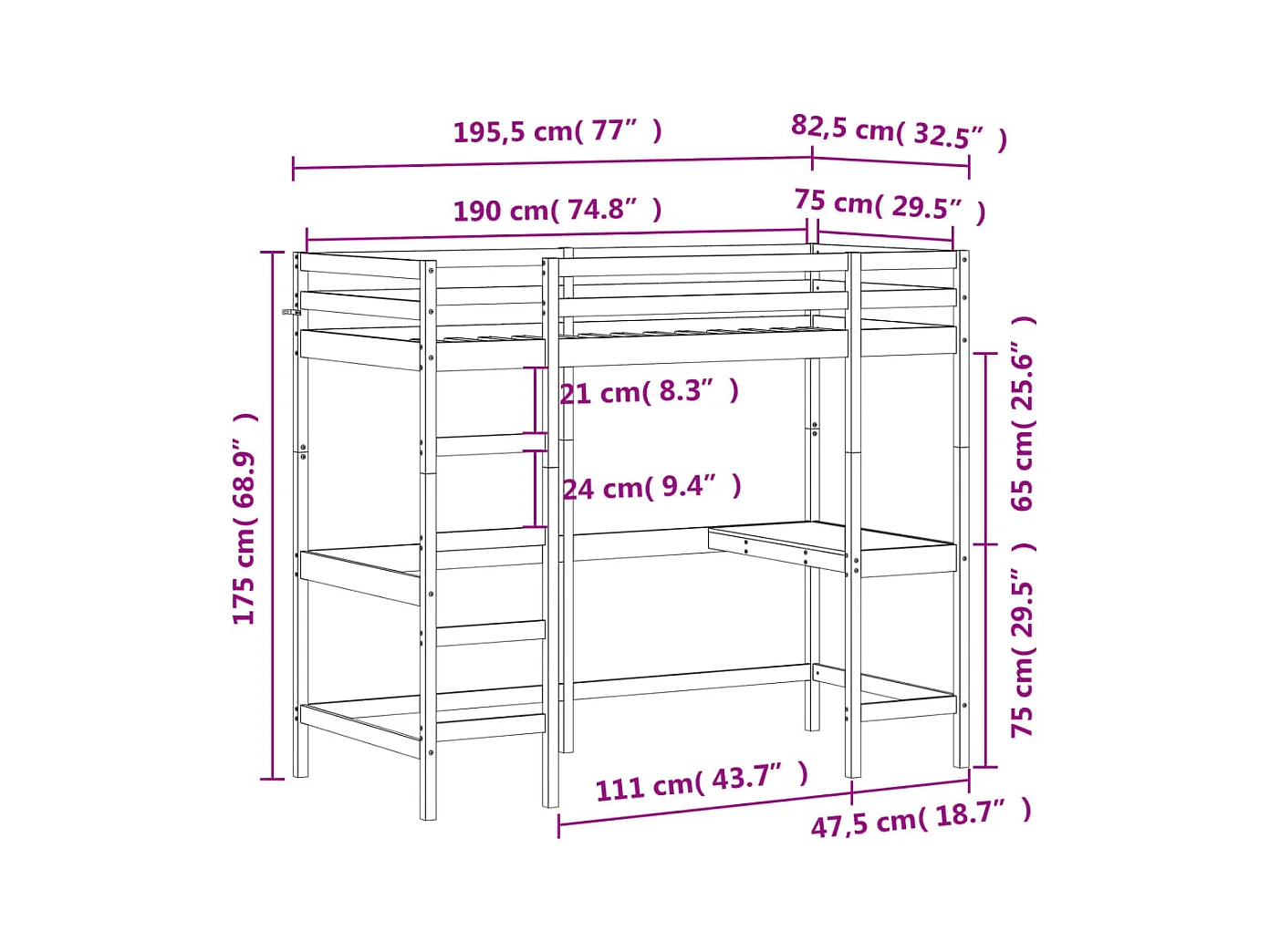 Hoogslaper met bureau massief grenenhout wit 75x190 cm