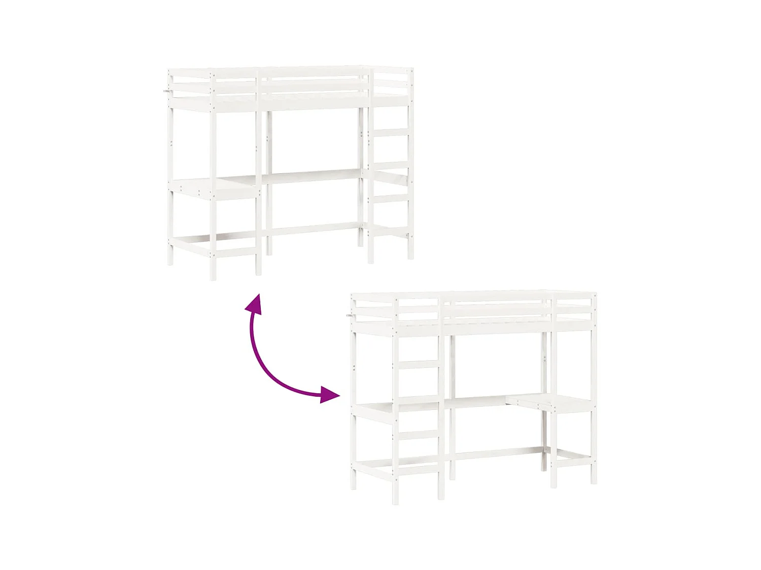 Hoogslaper met bureau massief grenenhout wit 75x190 cm