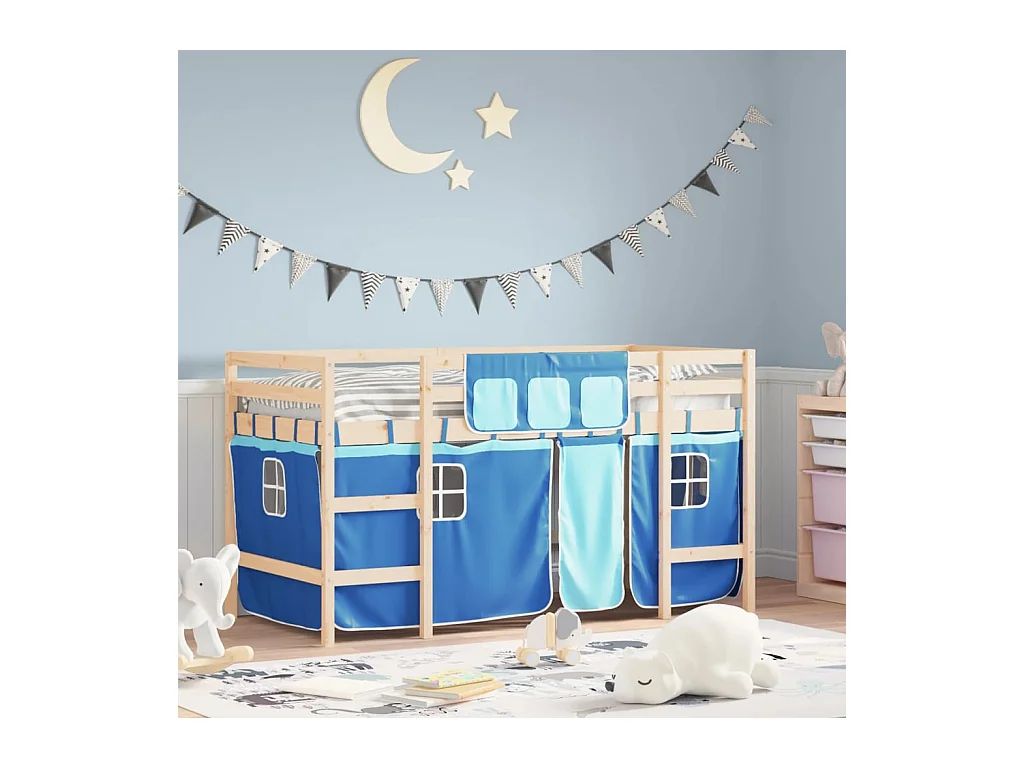 Lit mezzanine enfants et rideaux bleu 80x200cm bois pin massif