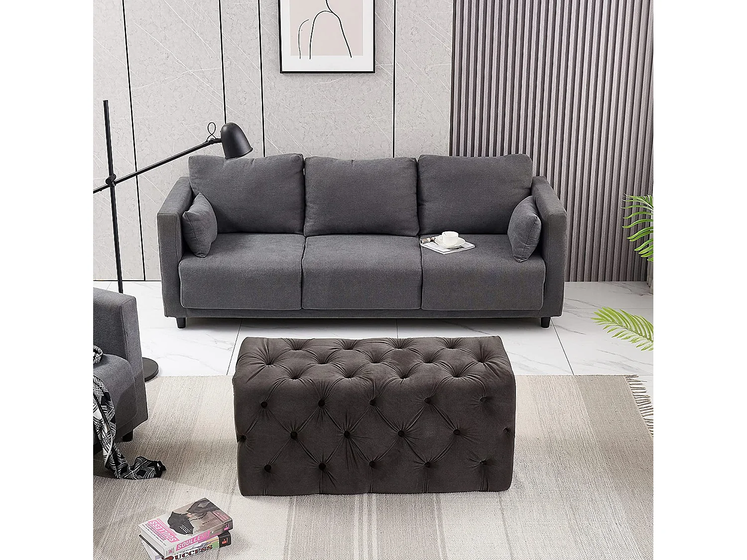 Pouf ou Repose-pieds en Velours Rectangulaire - Petit - Gris anthracite