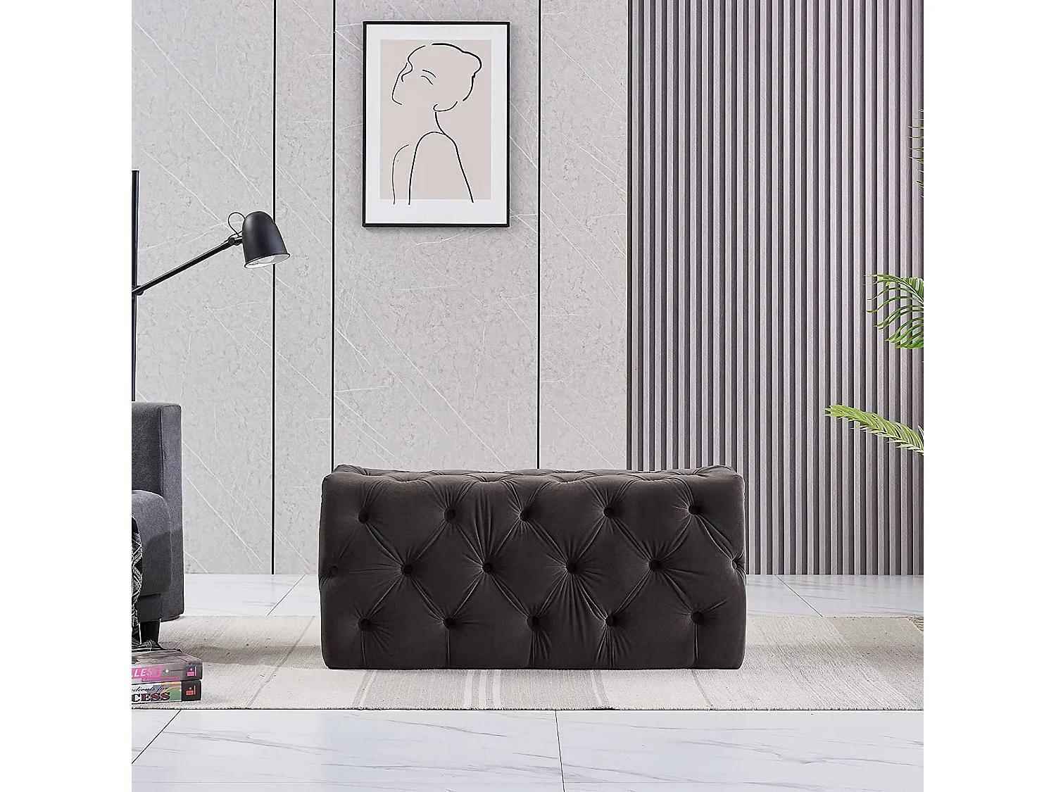 Pouf ou Repose-pieds en Velours Rectangulaire - Petit - Gris anthracite