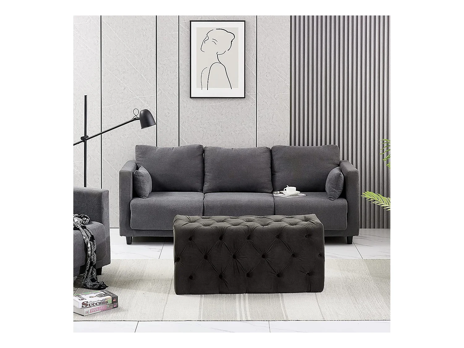 Pouf ou Repose-pieds en Velours Rectangulaire - Petit - Gris anthracite