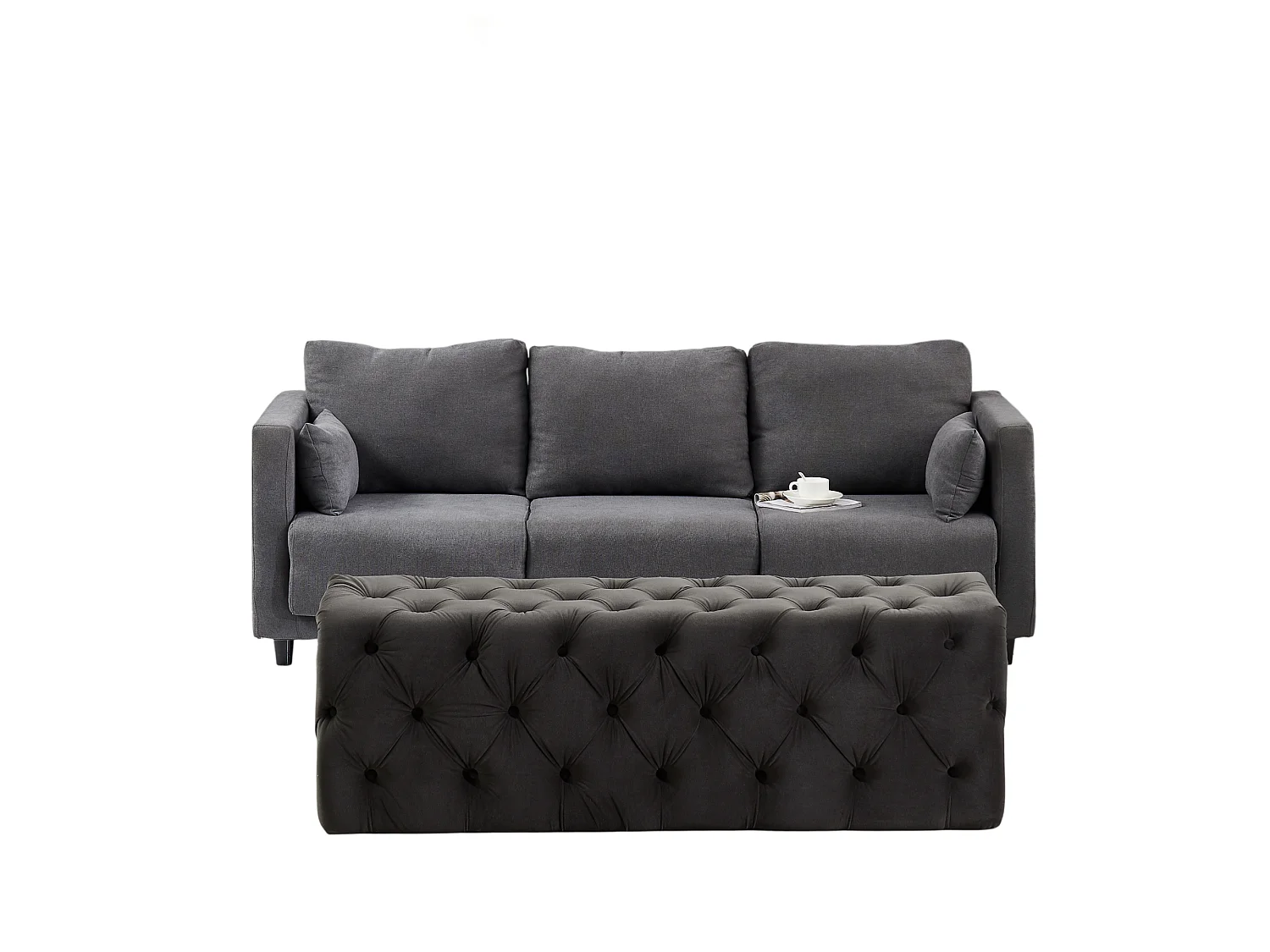 Pouf ou Repose-pieds en Velours Rectangulaire - Petit - Gris anthracite
