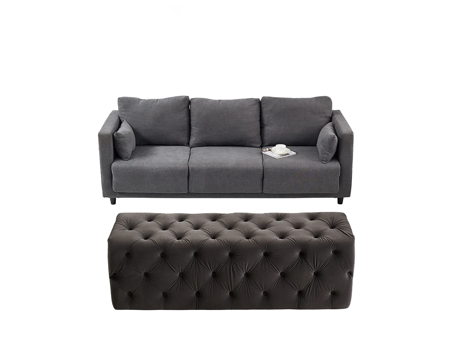 Pouf ou Repose-pieds en Velours Rectangulaire - Petit - Gris anthracite
