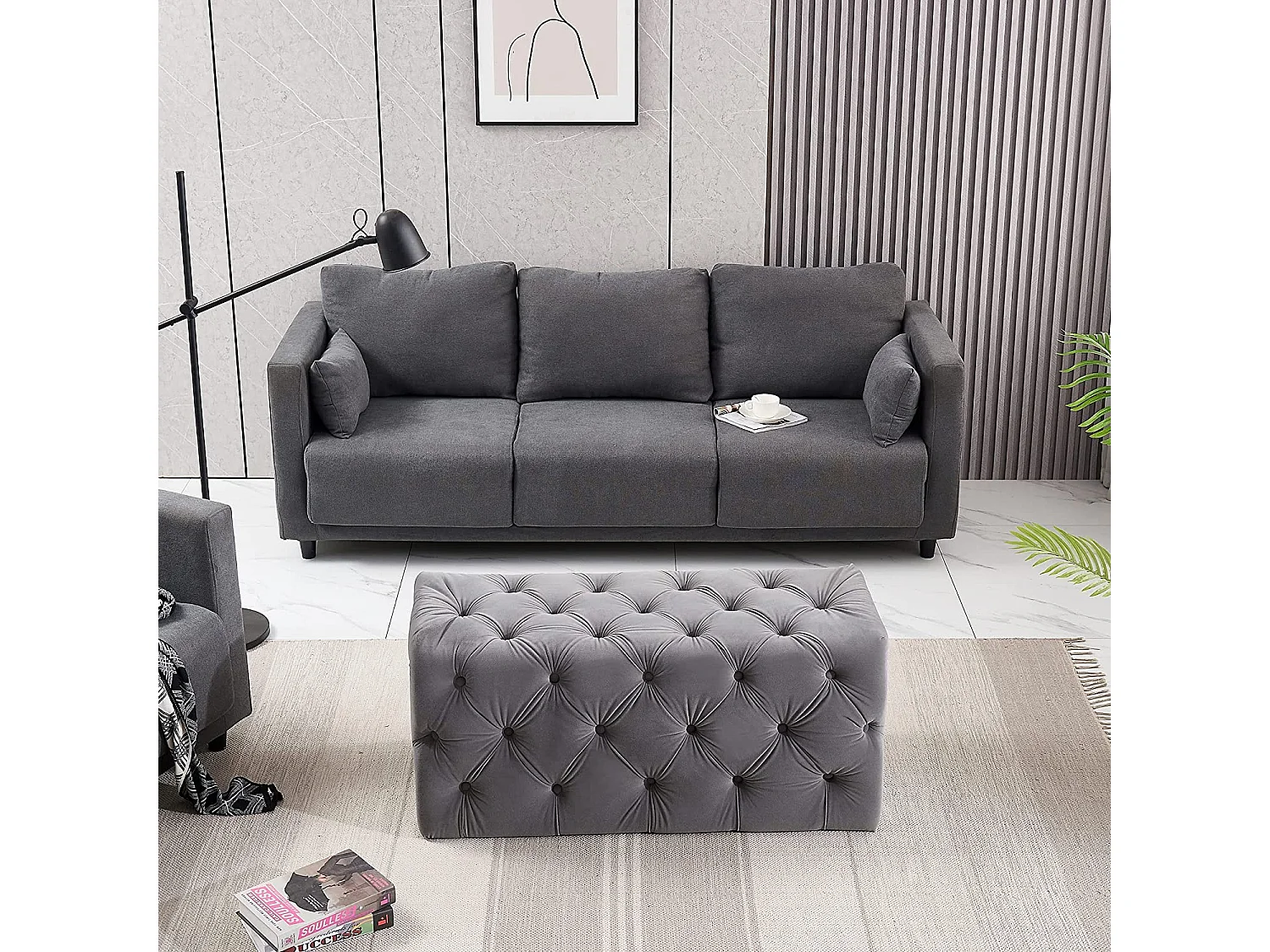 Pouf ou Repose-pieds en Velours Rectangulaire - Petit - Gris