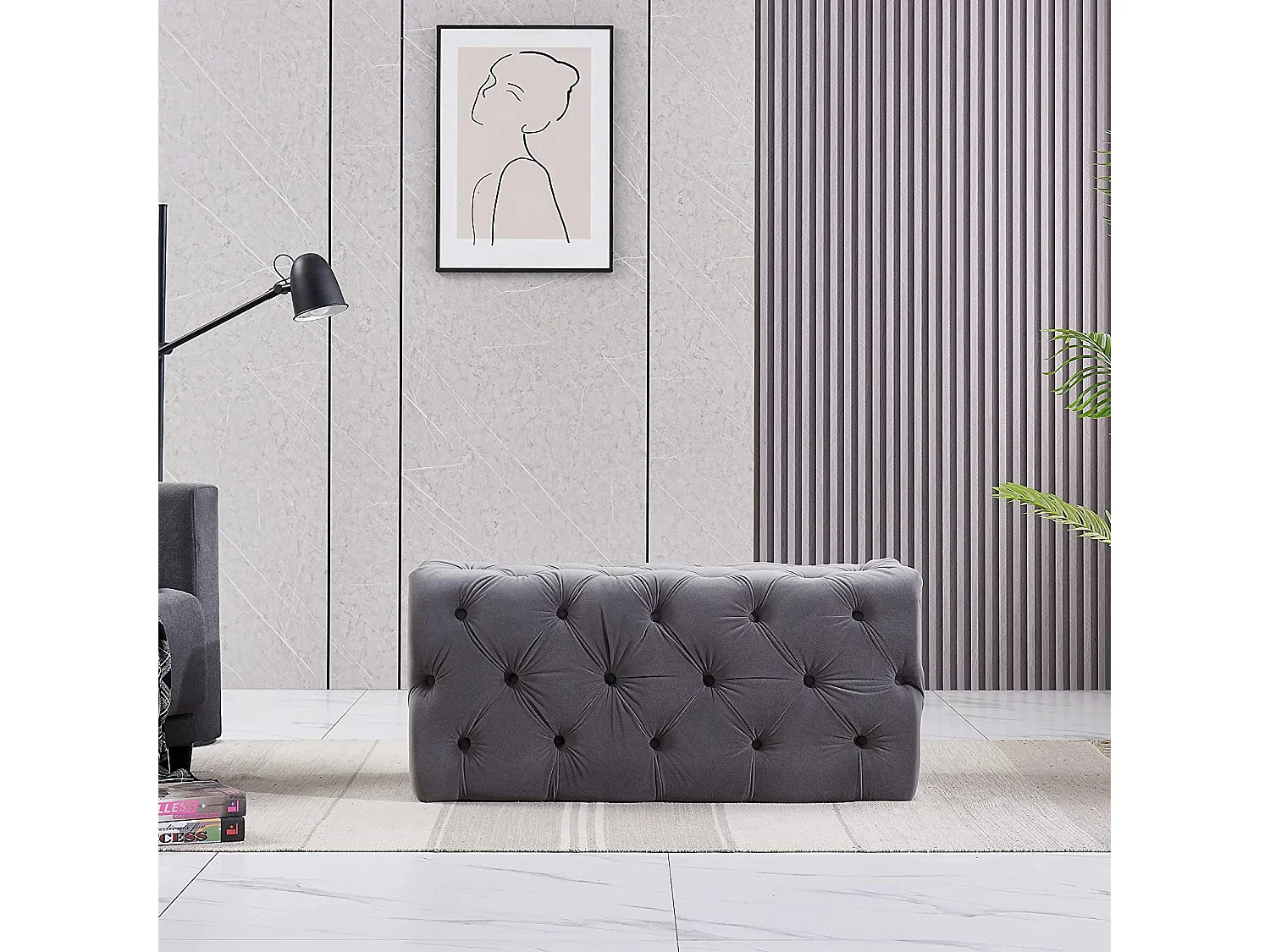 Pouf ou Repose-pieds en Velours Rectangulaire - Petit - Gris