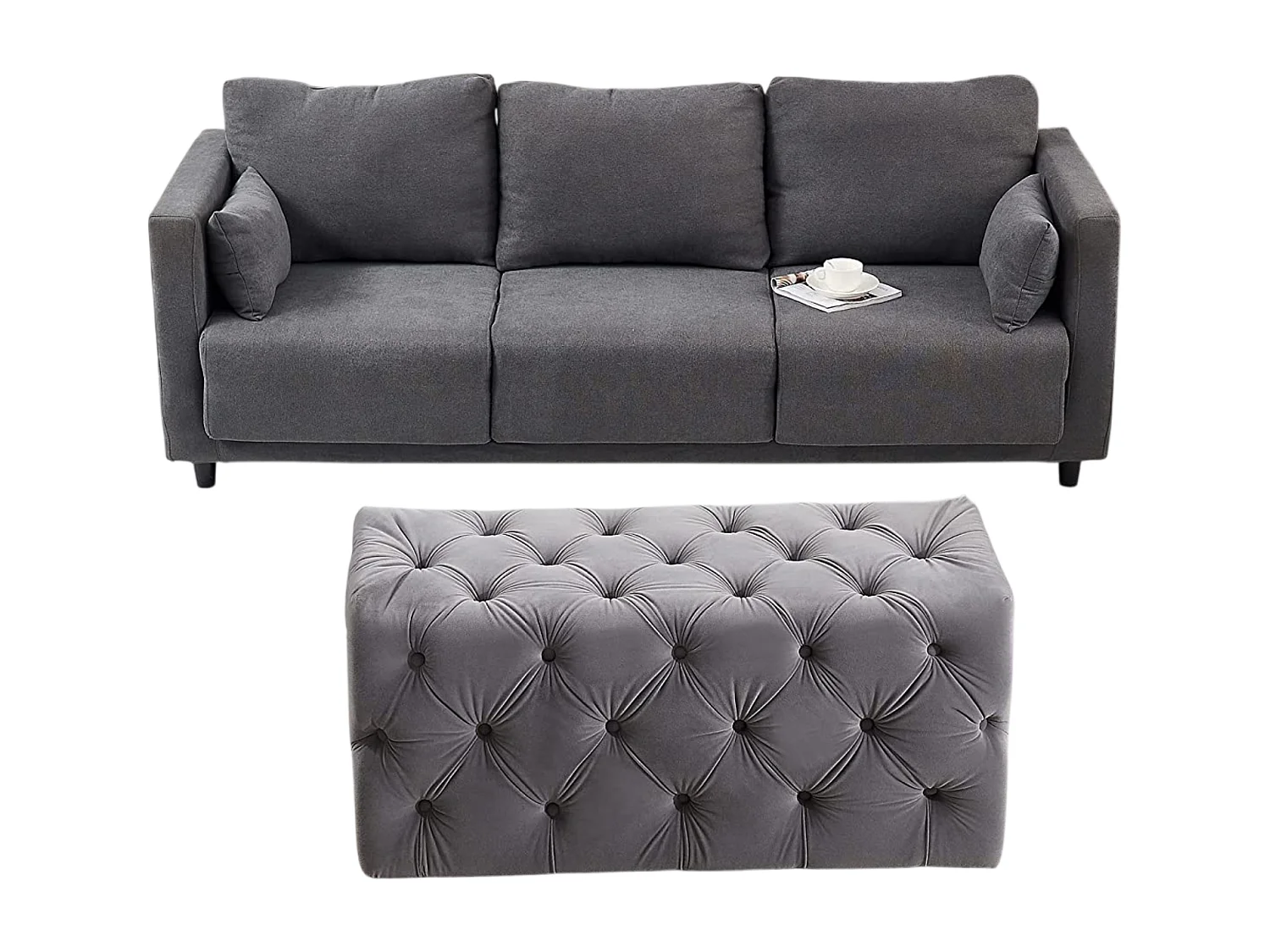 Pouf ou Repose-pieds en Velours Rectangulaire - Petit - Gris