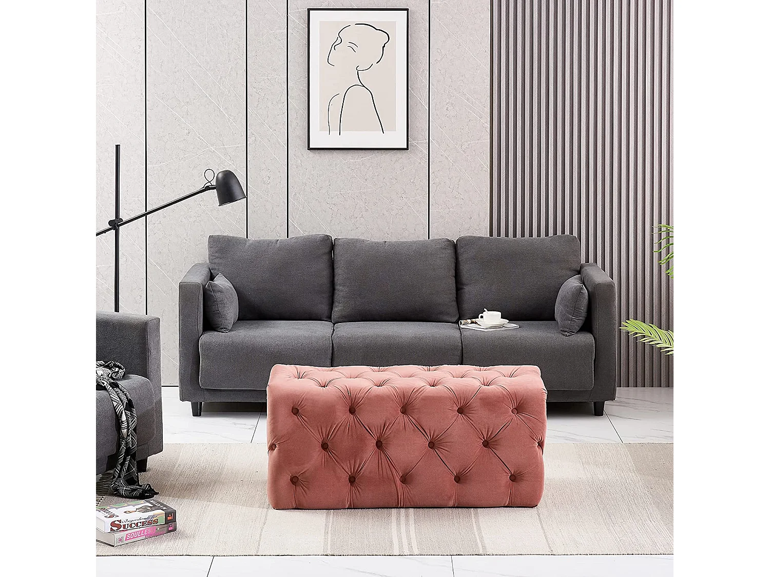 Pouf ou Repose-pieds en Velours Rectangulaire - Petit - Rose