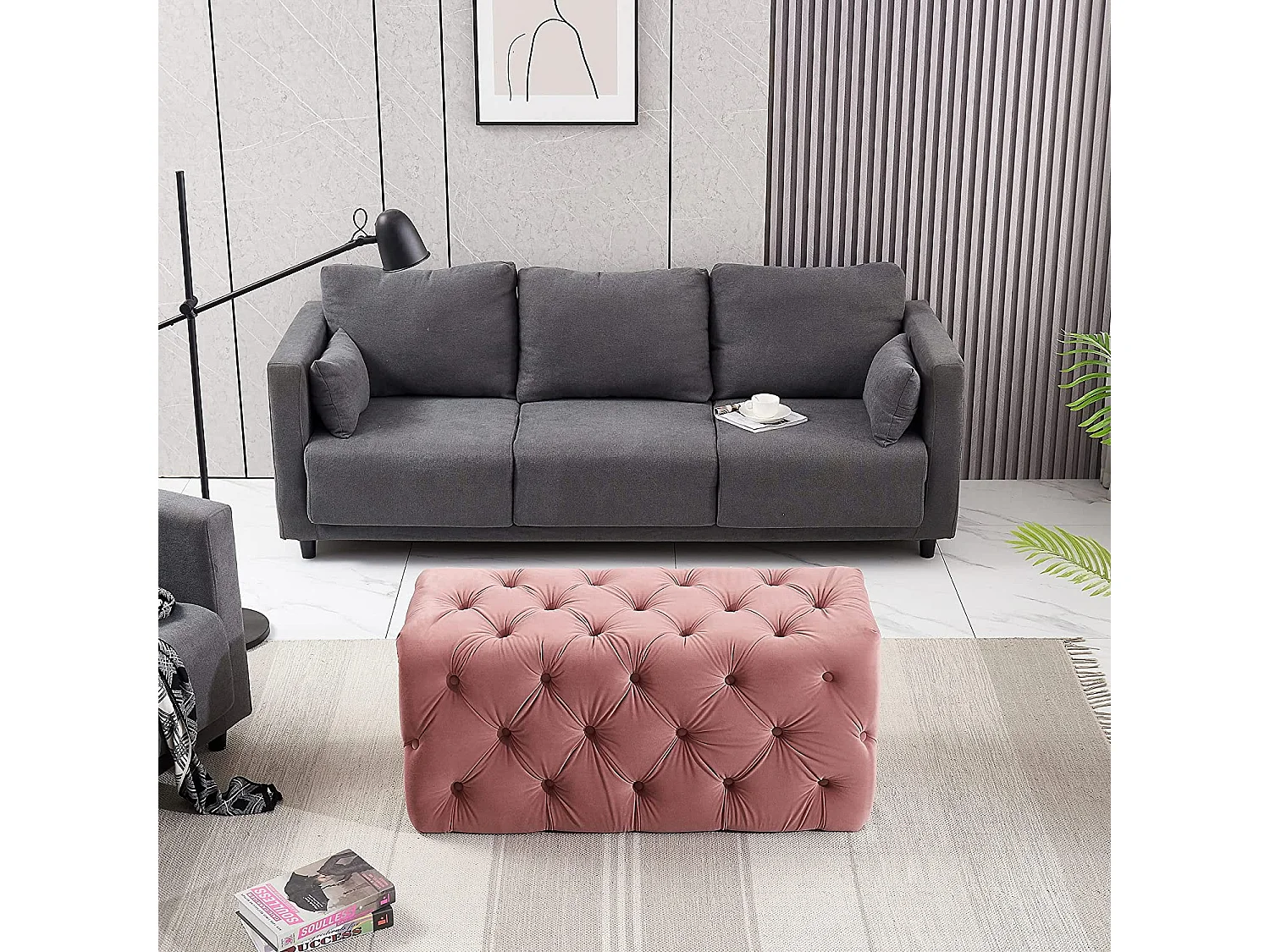 Pouf ou Repose-pieds en Velours Rectangulaire - Petit - Rose