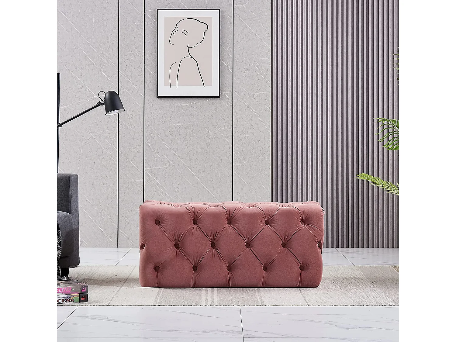 Pouf ou Repose-pieds en Velours Rectangulaire - Petit - Rose