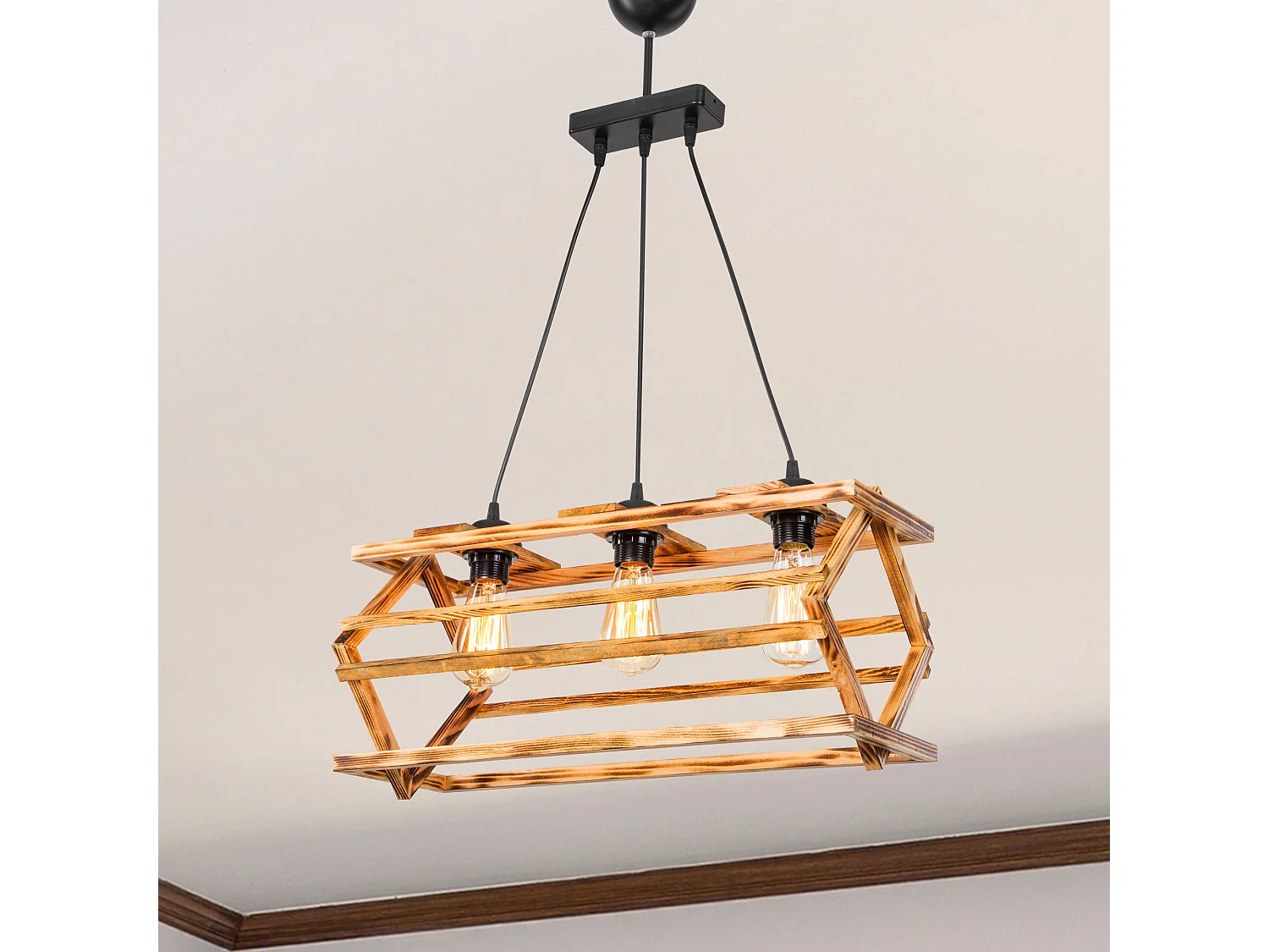 Suspension Kettering bois massif 85 cm 3 x E27 noir / naturel [lux.pro]