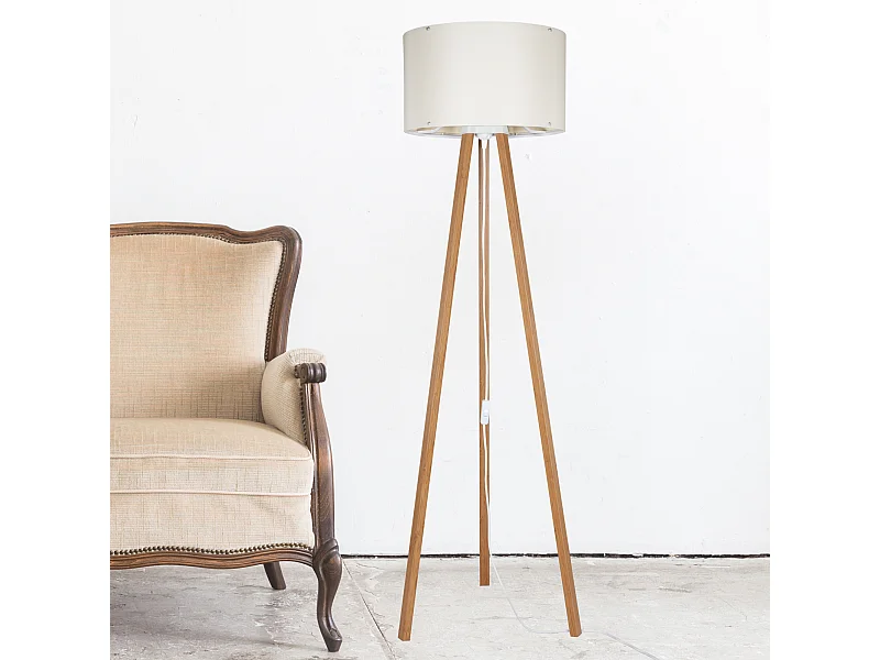 Lampadaire Keynes trépied hauteur 136 cm E27 bambou / crème [lux.pro]