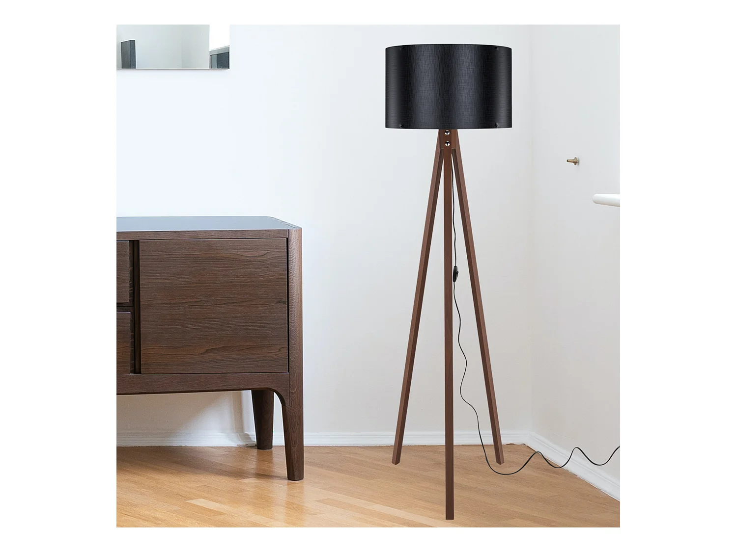 Lampadaire Guildford trépied hauteur 136 cm E27 effet noyer / noir [lux.pro]