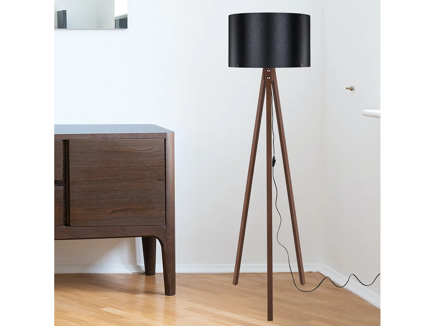 Lampadaire Guildford trépied hauteur 136 cm E27 effet noyer / noir [lux.pro]