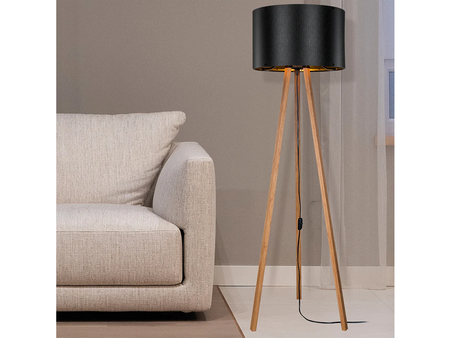 Lampadaire Keynes trépied hauteur 136 cm E27 bambou / noir [lux.pro]