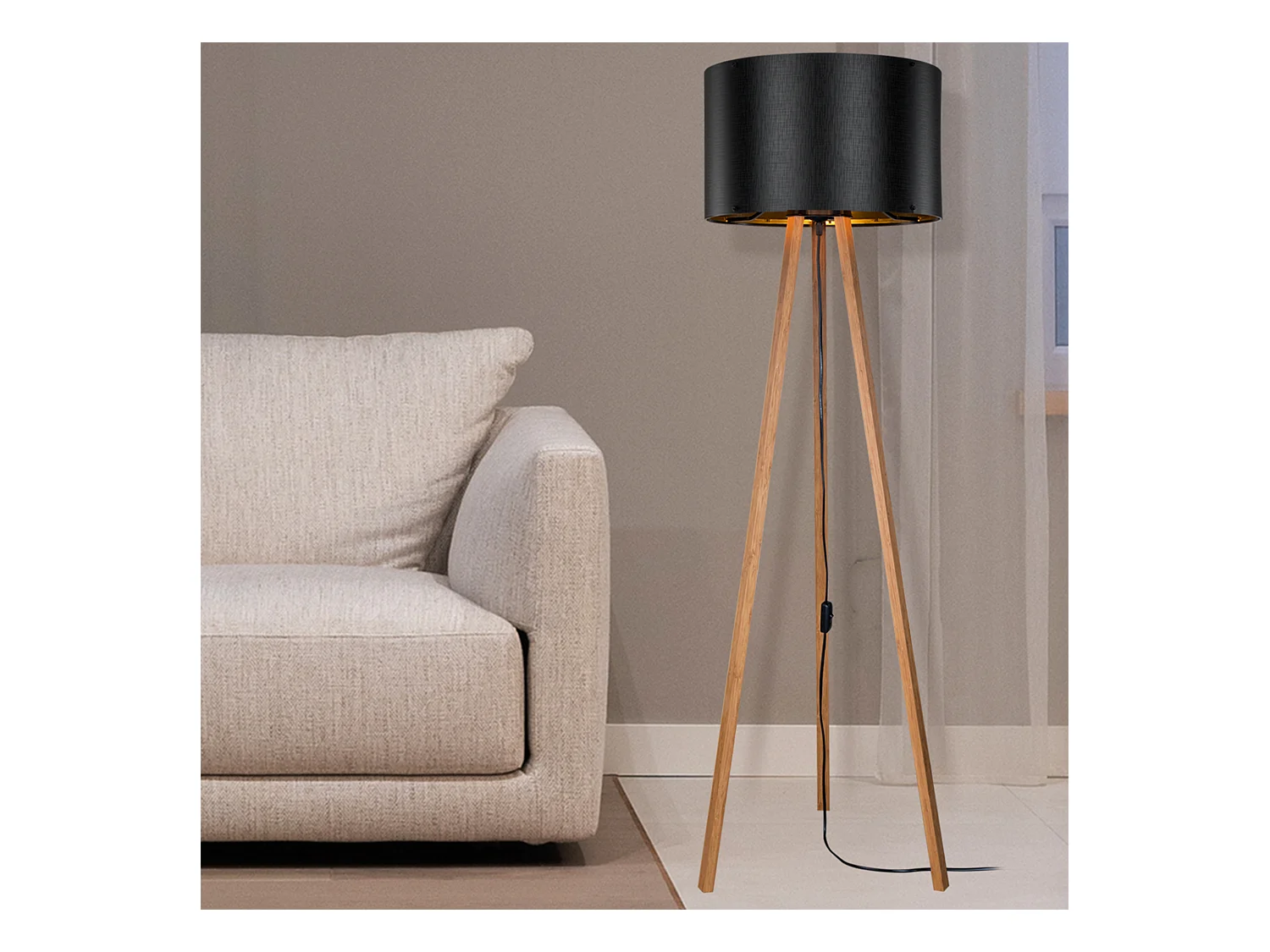 Lampadaire Keynes trépied hauteur 136 cm E27 bambou / noir [lux.pro]