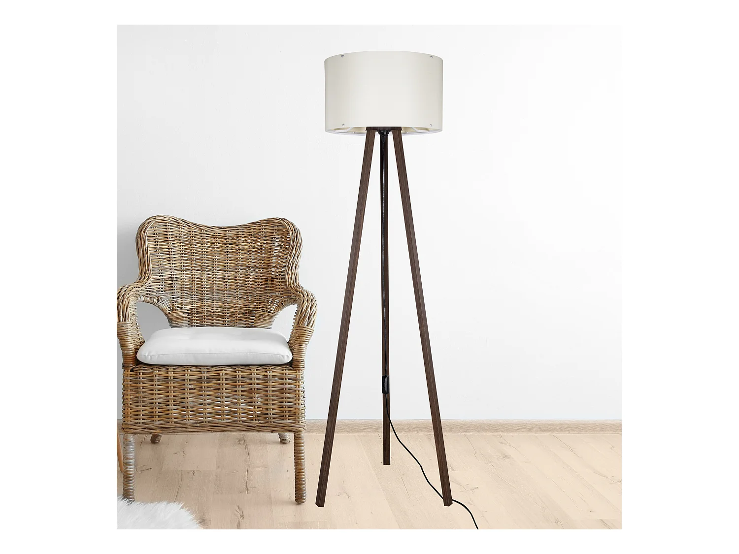 Lampadaire Keynes trépied hauteur 136 cm E27 effet noyer / crème [lux.pro]