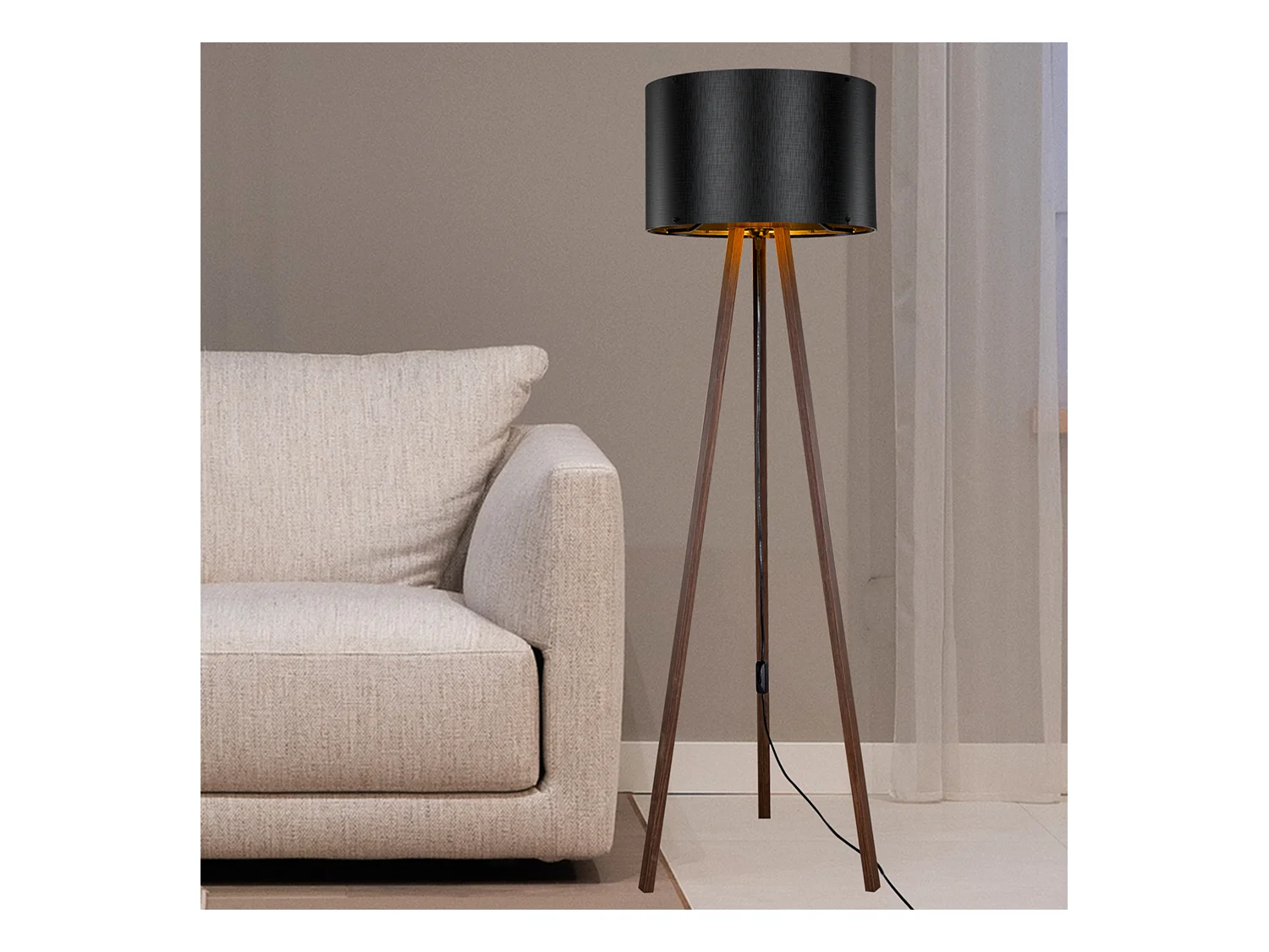 Lampadaire Keynes trépied hauteur 136 cm E27 effet noyer / noir [lux.pro]