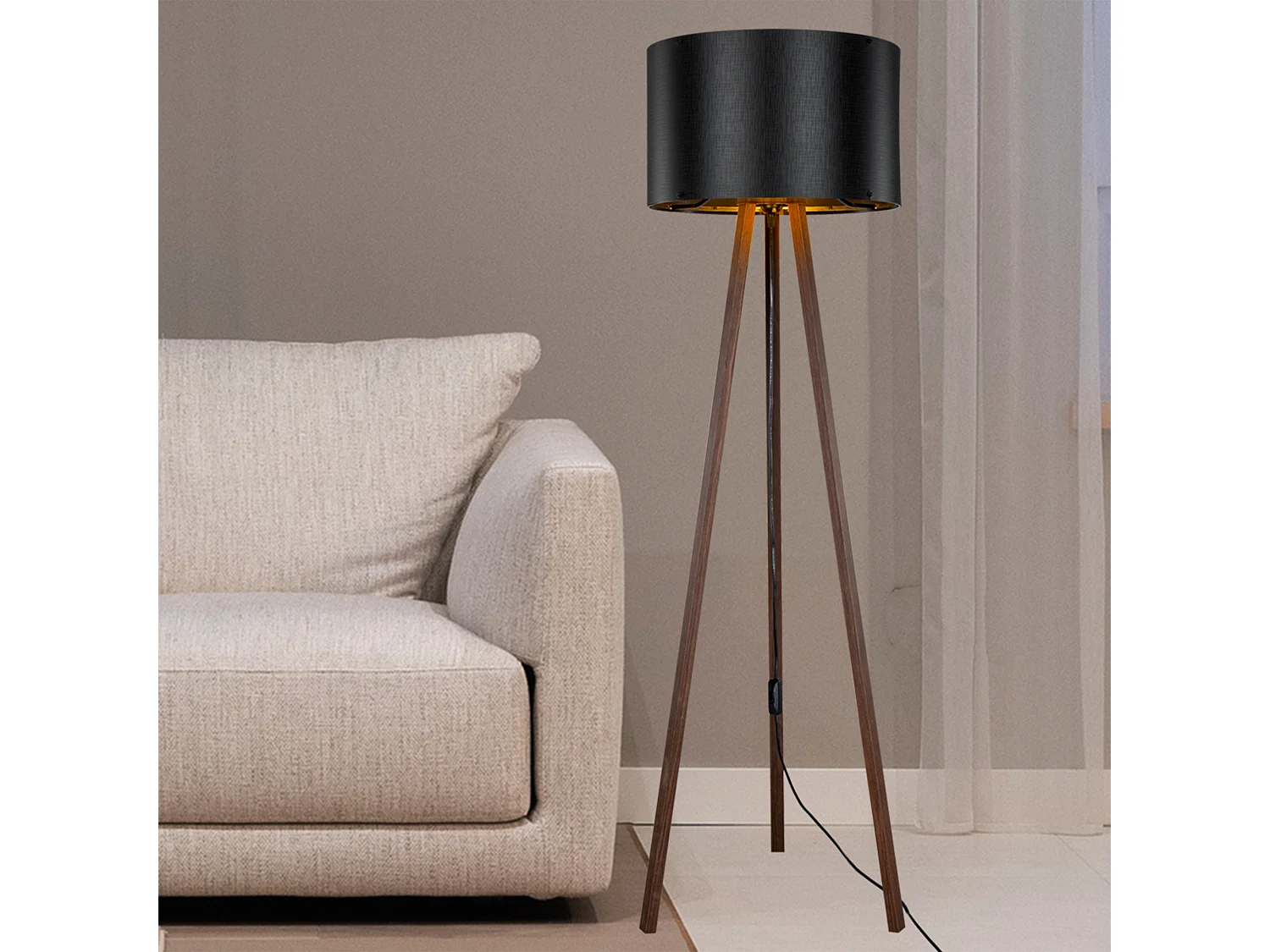 Lampadaire Keynes trépied hauteur 136 cm E27 effet noyer / noir [lux.pro]