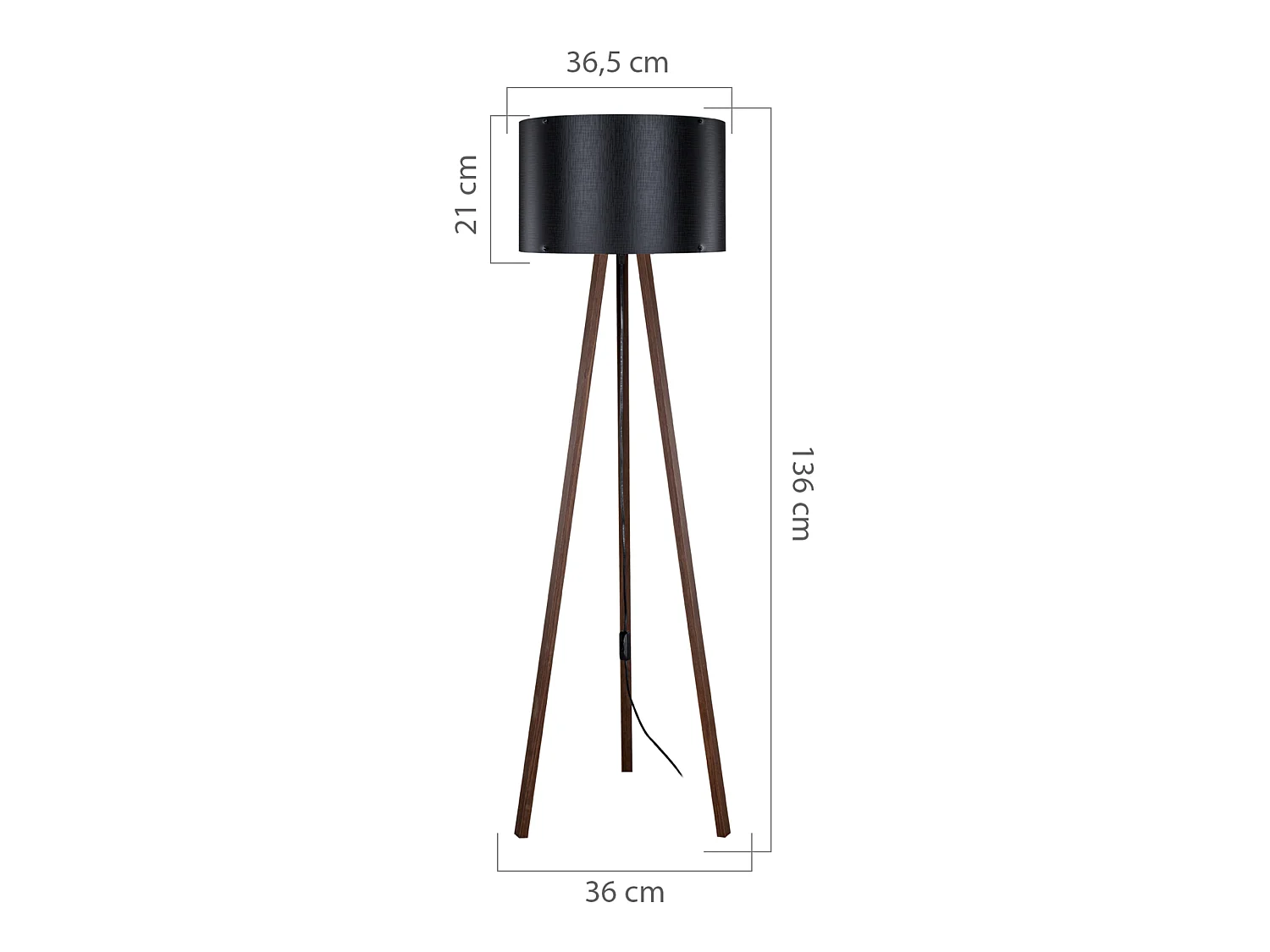 Lampadaire Keynes trépied hauteur 136 cm E27 effet noyer / noir [lux.pro]