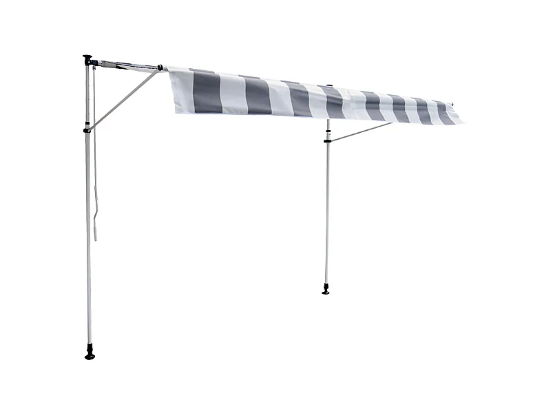 Store banne pour balcon CHENE 3 × 1,2m - Toile rayée blanche/grise et structure blanche - HAPPY GARDEN