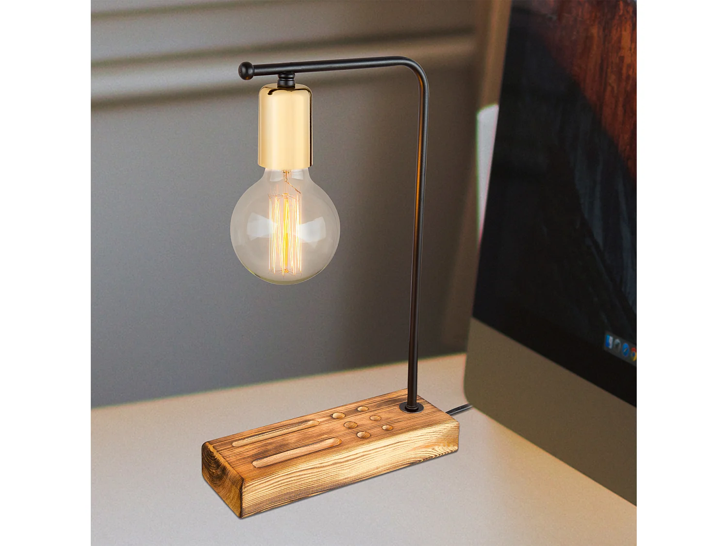 Lampe de bureau Lincoln en bois massif et métal 39 cm E27 noir / doré / bois [lux.pro]