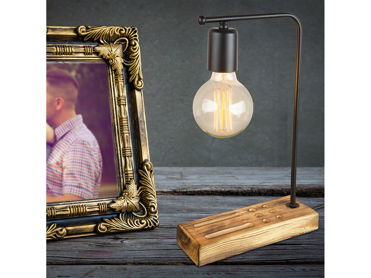 Lampe de bureau Lincoln en bois massif et métal 39 cm E27 noir / bois [lux.pro]