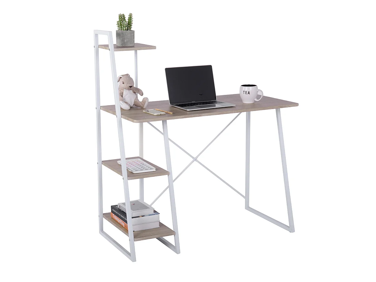 Bureau avec étagères Imitation Bois et Métal Blanc, Pouchu