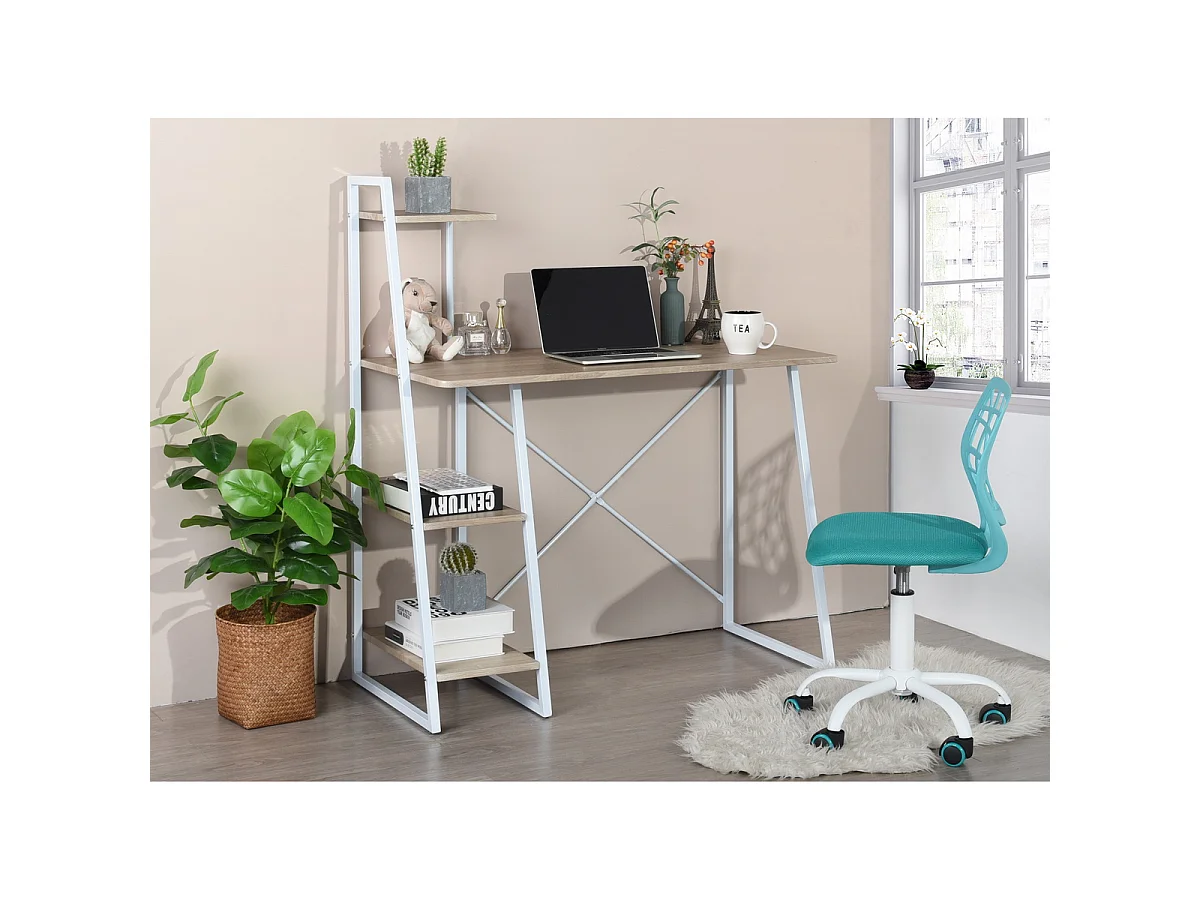 Bureau avec étagères Imitation Bois et Métal Blanc, Pouchu