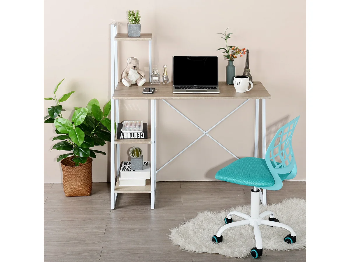 Bureau avec étagères Imitation Bois et Métal Blanc, Pouchu