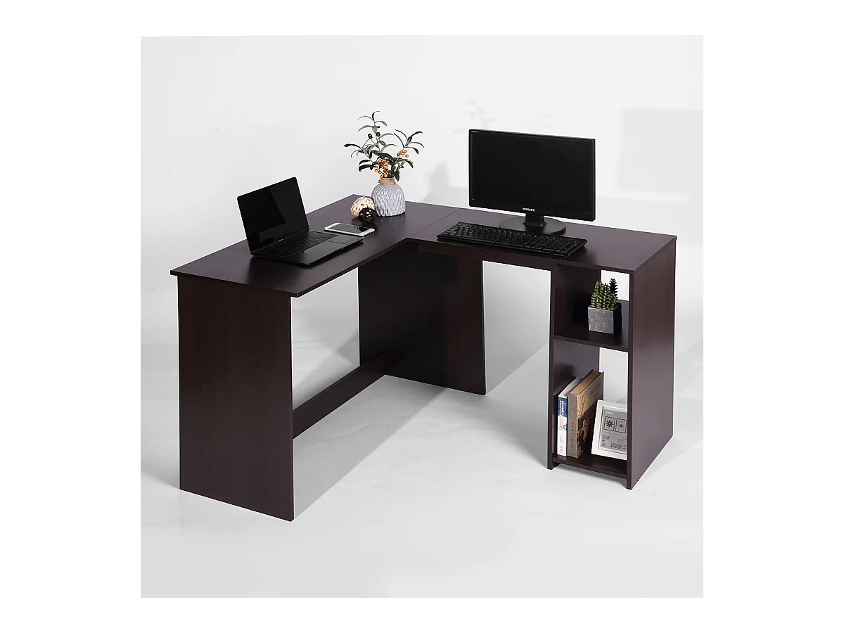 Bureau D'angle Avec Étagère 2 Niveaux L120 Cm Imitation Marron