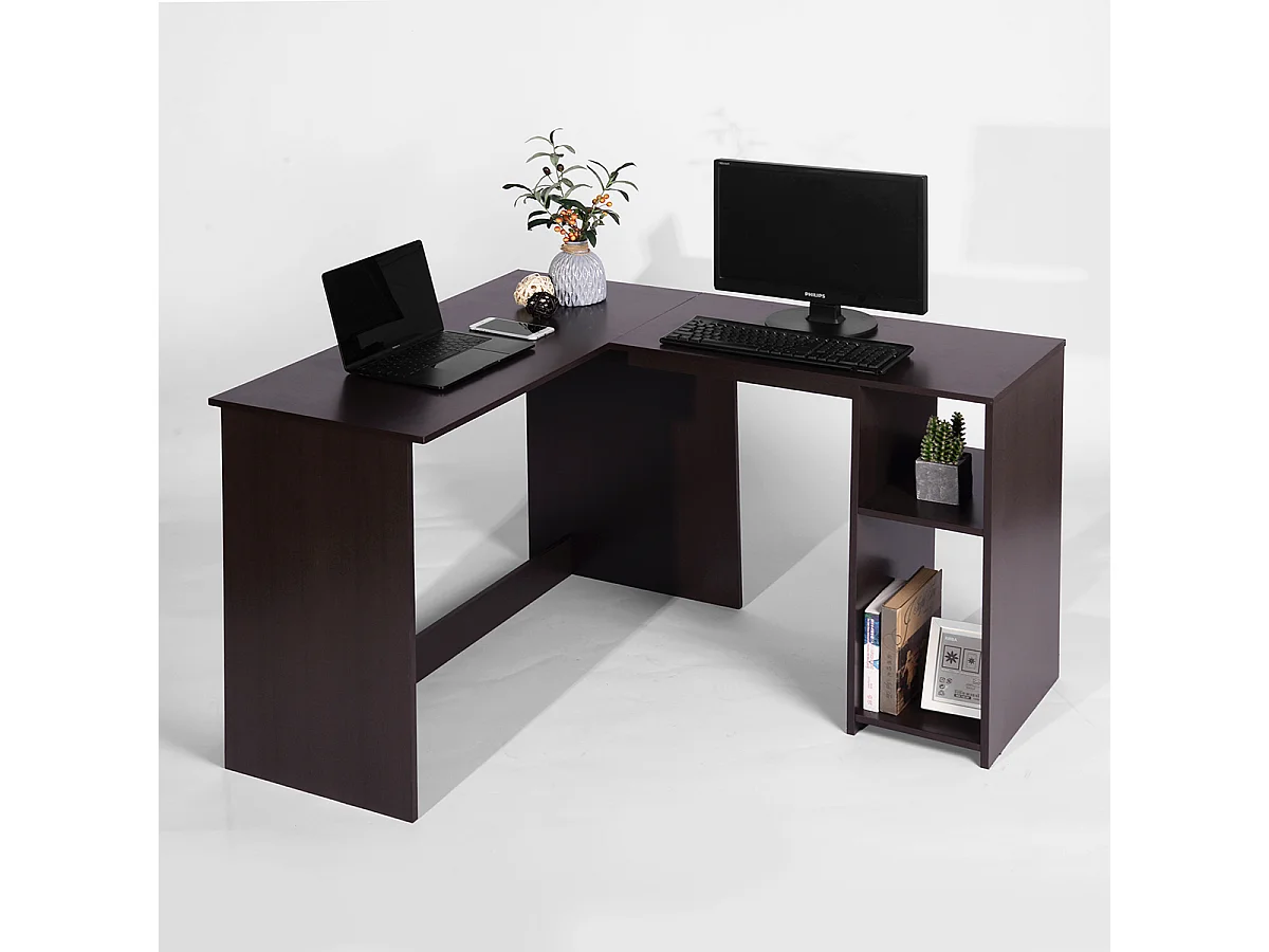 Bureau D'angle Avec Étagère 2 Niveaux L120 Cm Imitation Marron