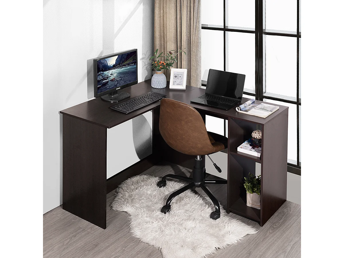 Bureau D'angle Avec Étagère 2 Niveaux L120 Cm Imitation Marron