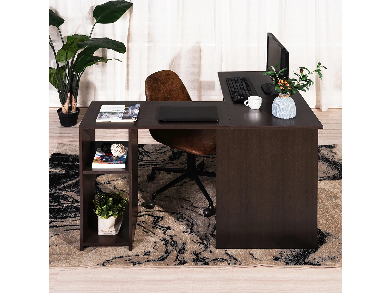 Bureau D'angle Avec Étagère 2 Niveaux L120 Cm Imitation Marron